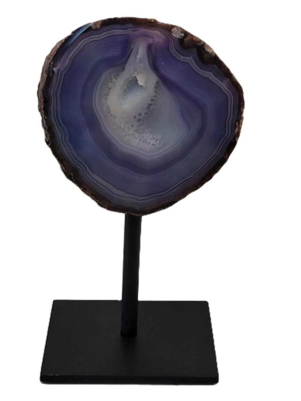 Natural Brazilian Deep Purple Druzy Agate Geode Slice on Metal Stand 8" High